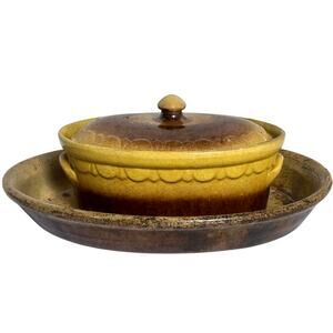 Antique Cookware/Display-French Lidded Terrine/Lid & Vendeuvre TV AuGratin Dish